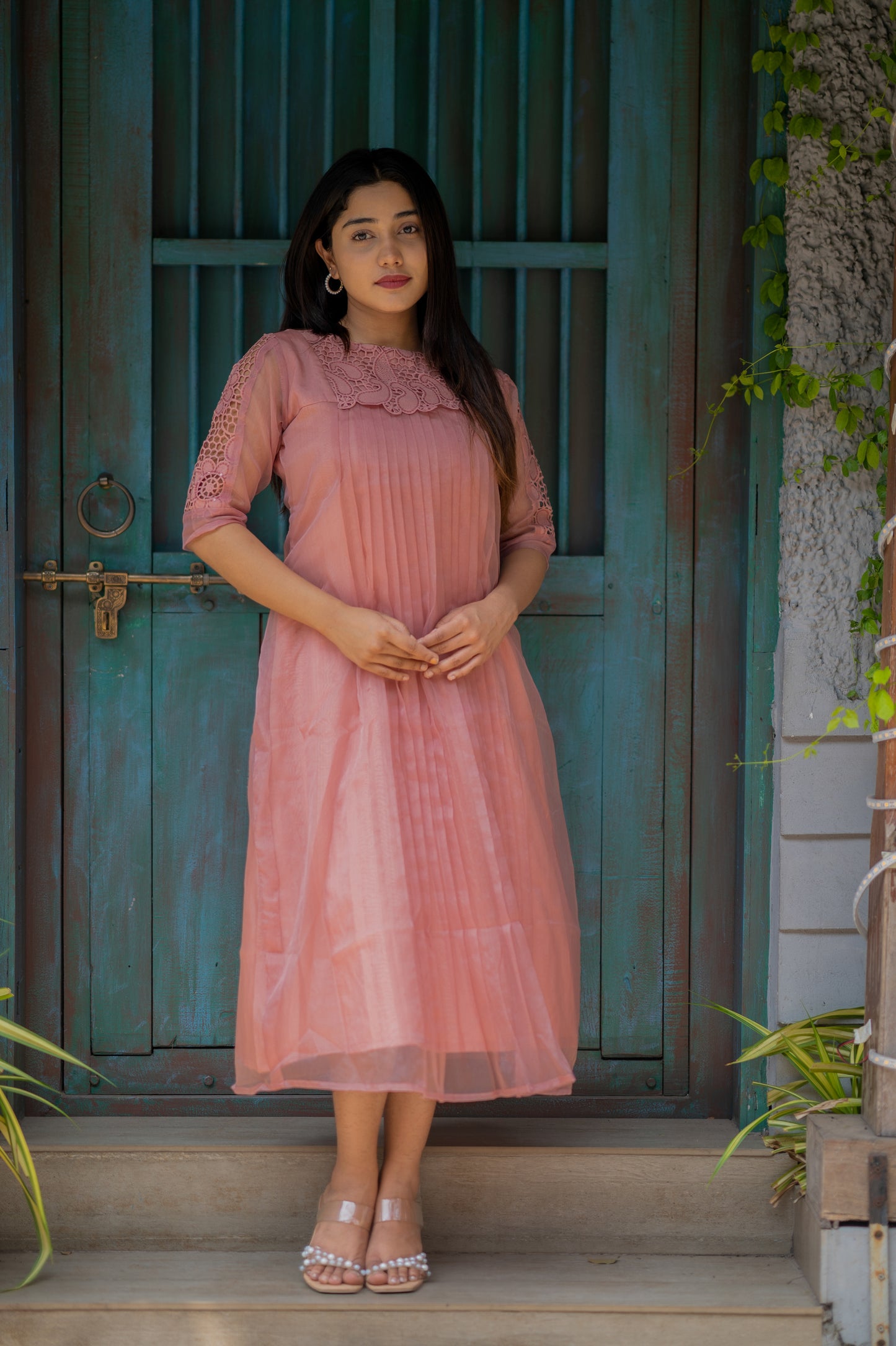 Pastel peach organza kurti with cutworked fabric yoke and sleeves MBS-541