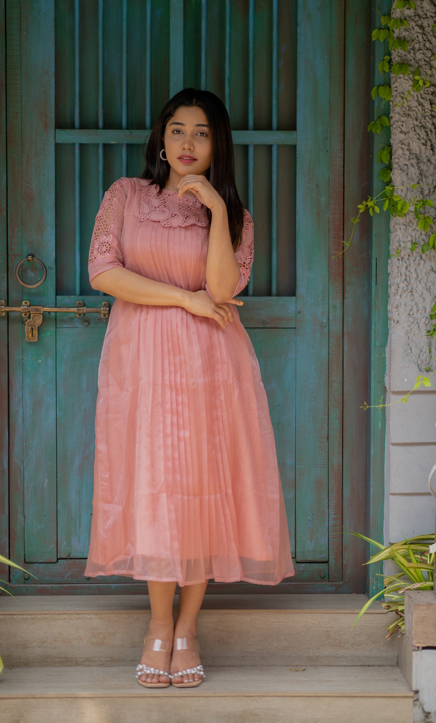 Pastel peach organza kurti with cutworked fabric yoke and sleeves MBS-541