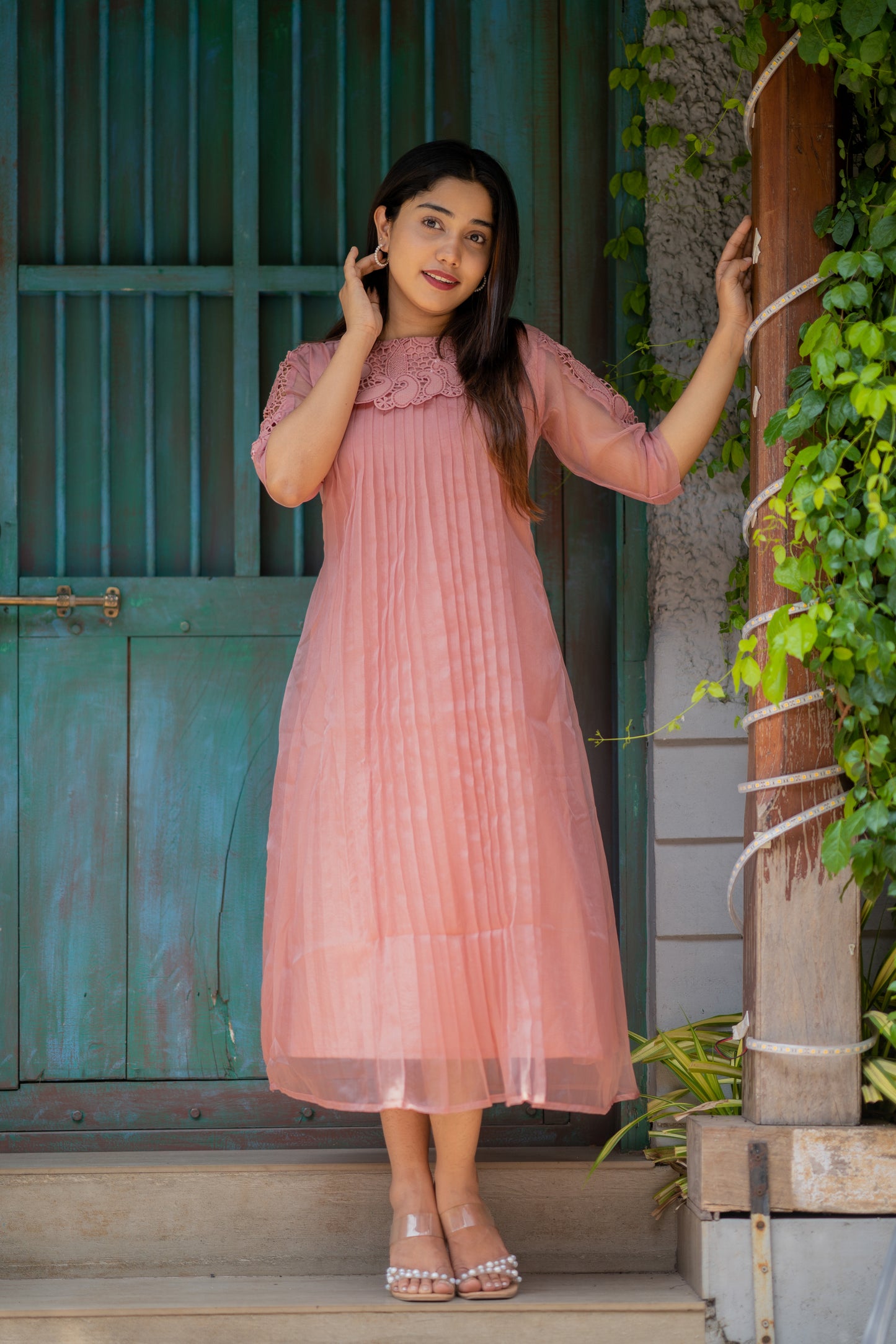 Pastel peach organza kurti with cutworked fabric yoke and sleeves MBS-541