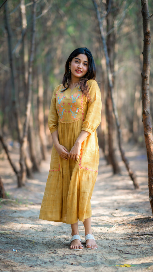 Mustard yellow shaded pure soft mul cotton kurti/dress with floral embroidery works MBS-344