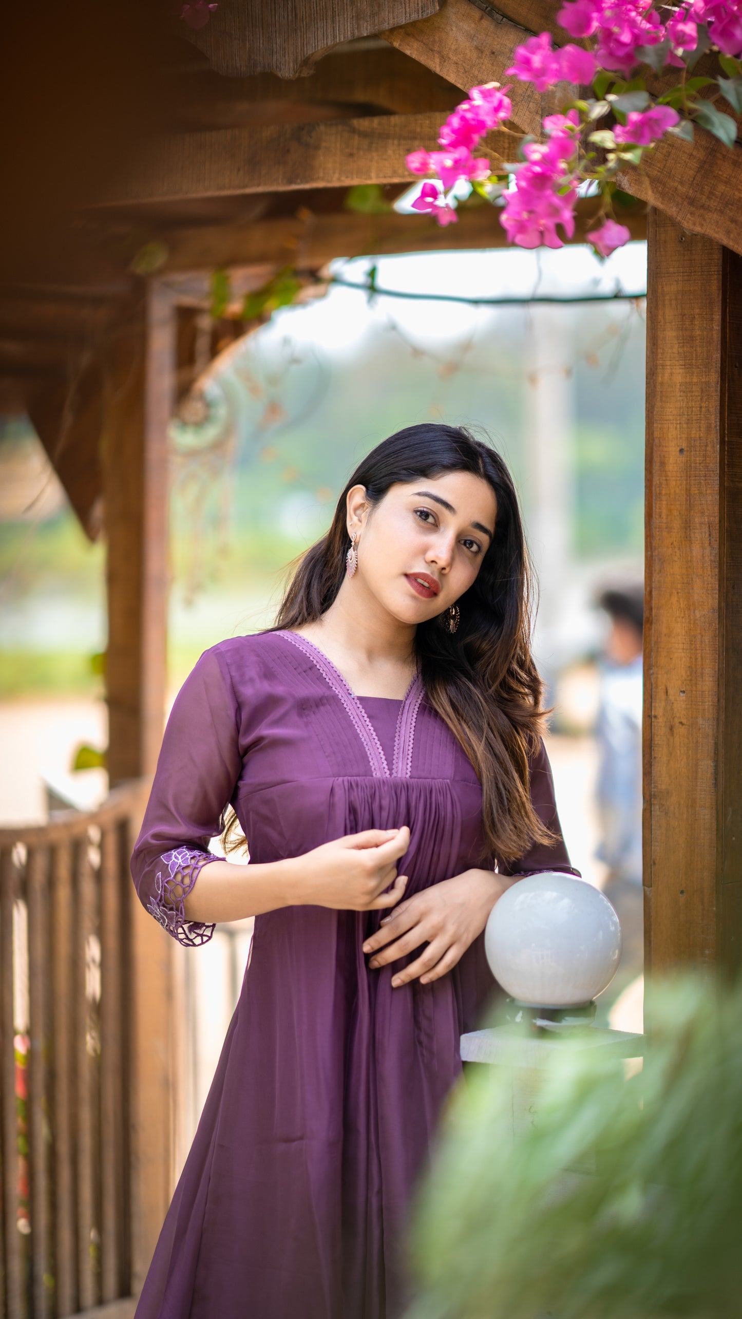 Dark mauve shaded soft organza A-line kurti with cut worked sleeves MBS-352