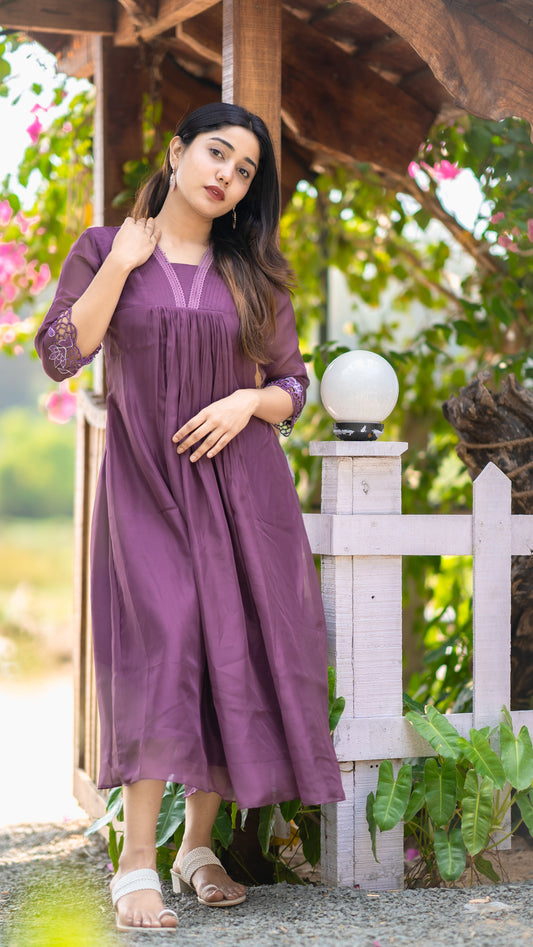 Dark mauve shaded soft organza A-line kurti with cut worked sleeves MBS-352