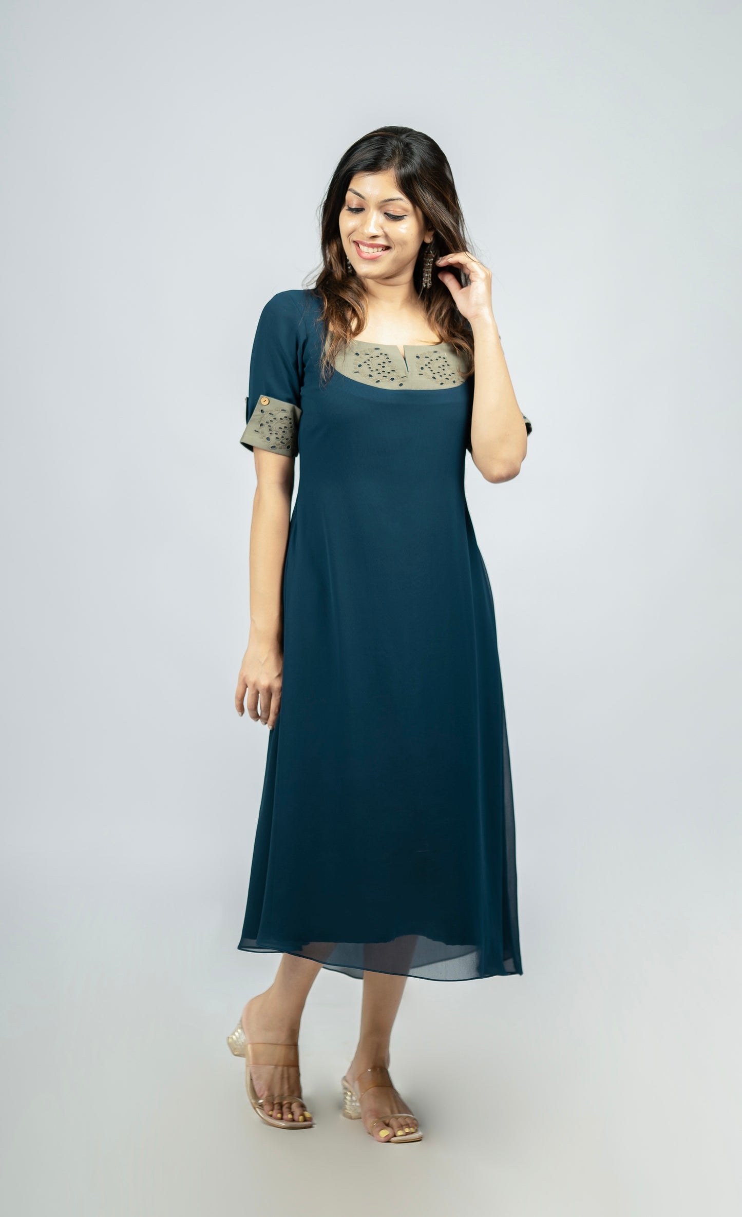 Teal Blue shade Georgette kurti highlighted with hacoba MBS-R154