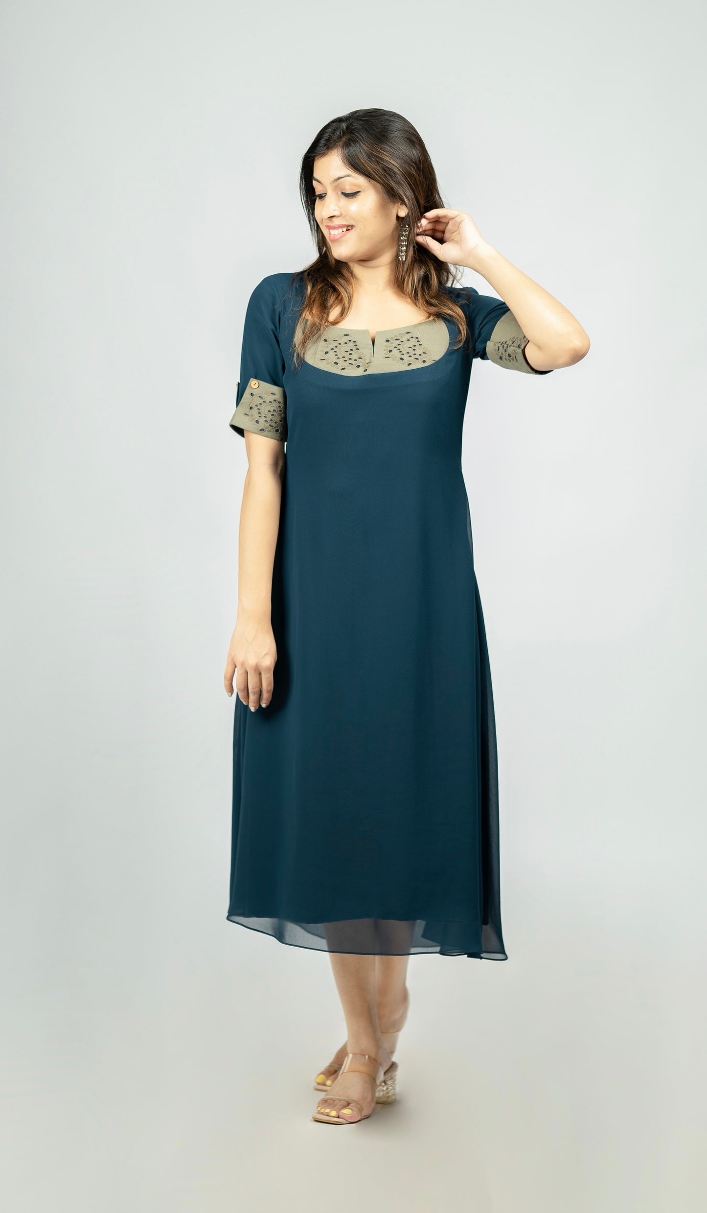 Teal Blue shade Georgette kurti highlighted with hacoba MBS-R154