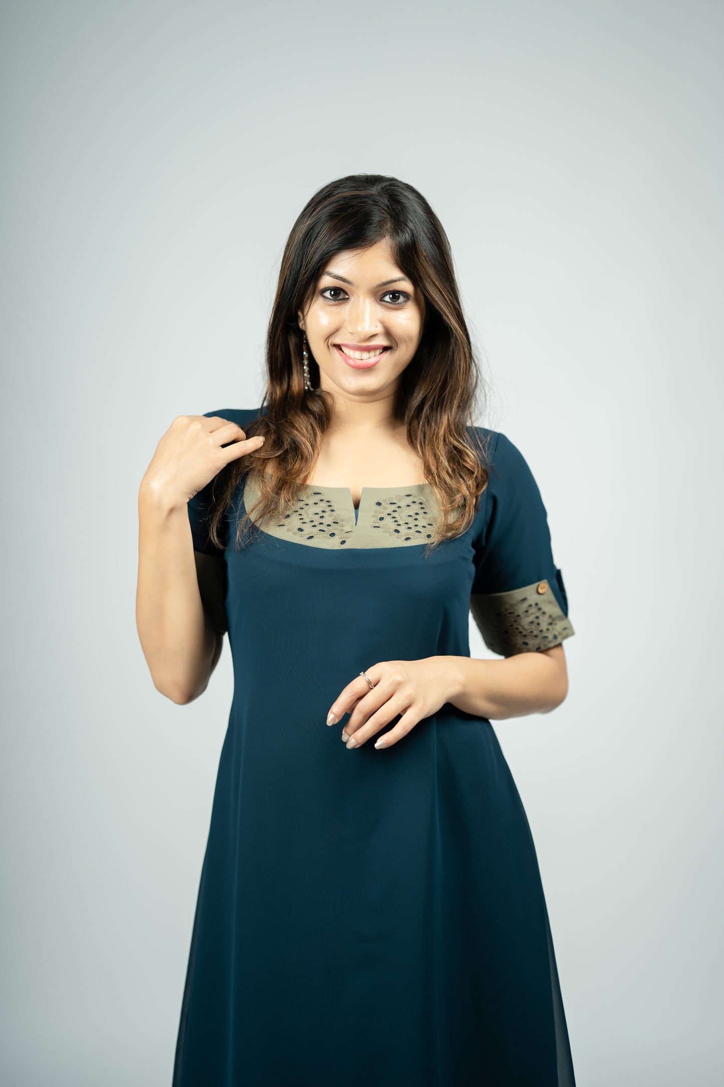 Teal Blue shade Georgette kurti highlighted with hacoba MBS-R154