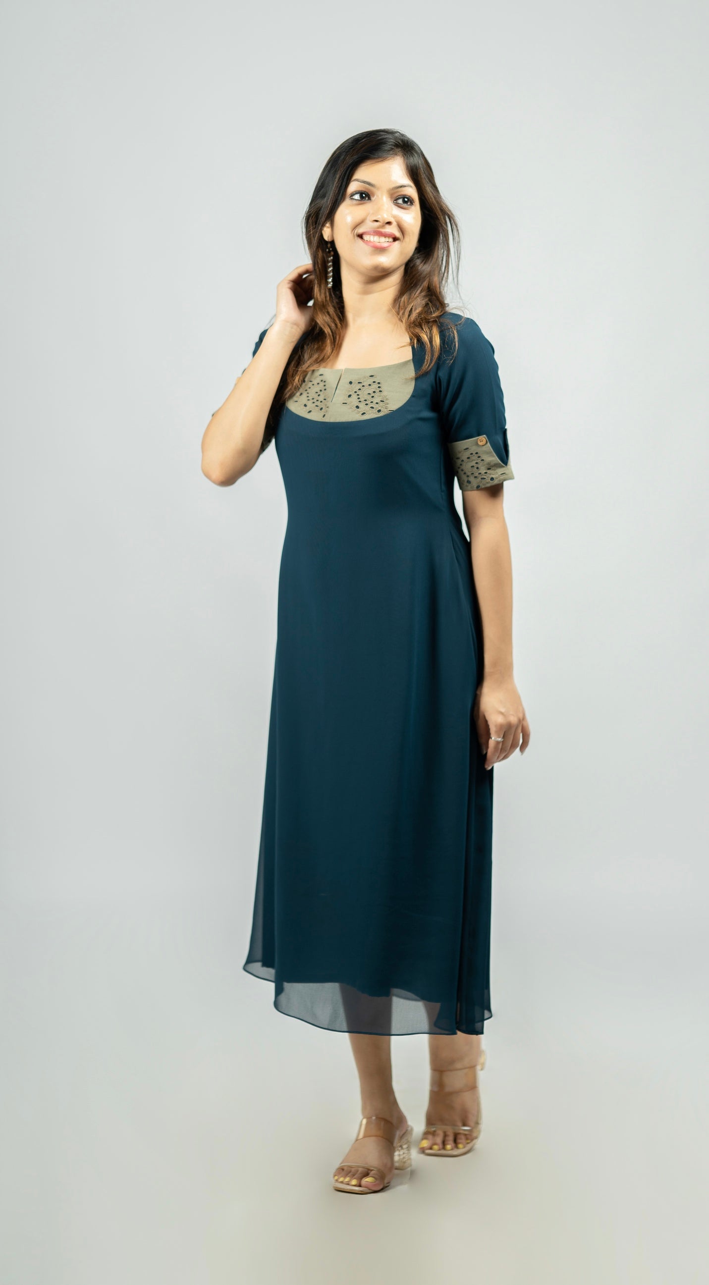 Teal Blue shade Georgette kurti highlighted with hacoba MBS-R154