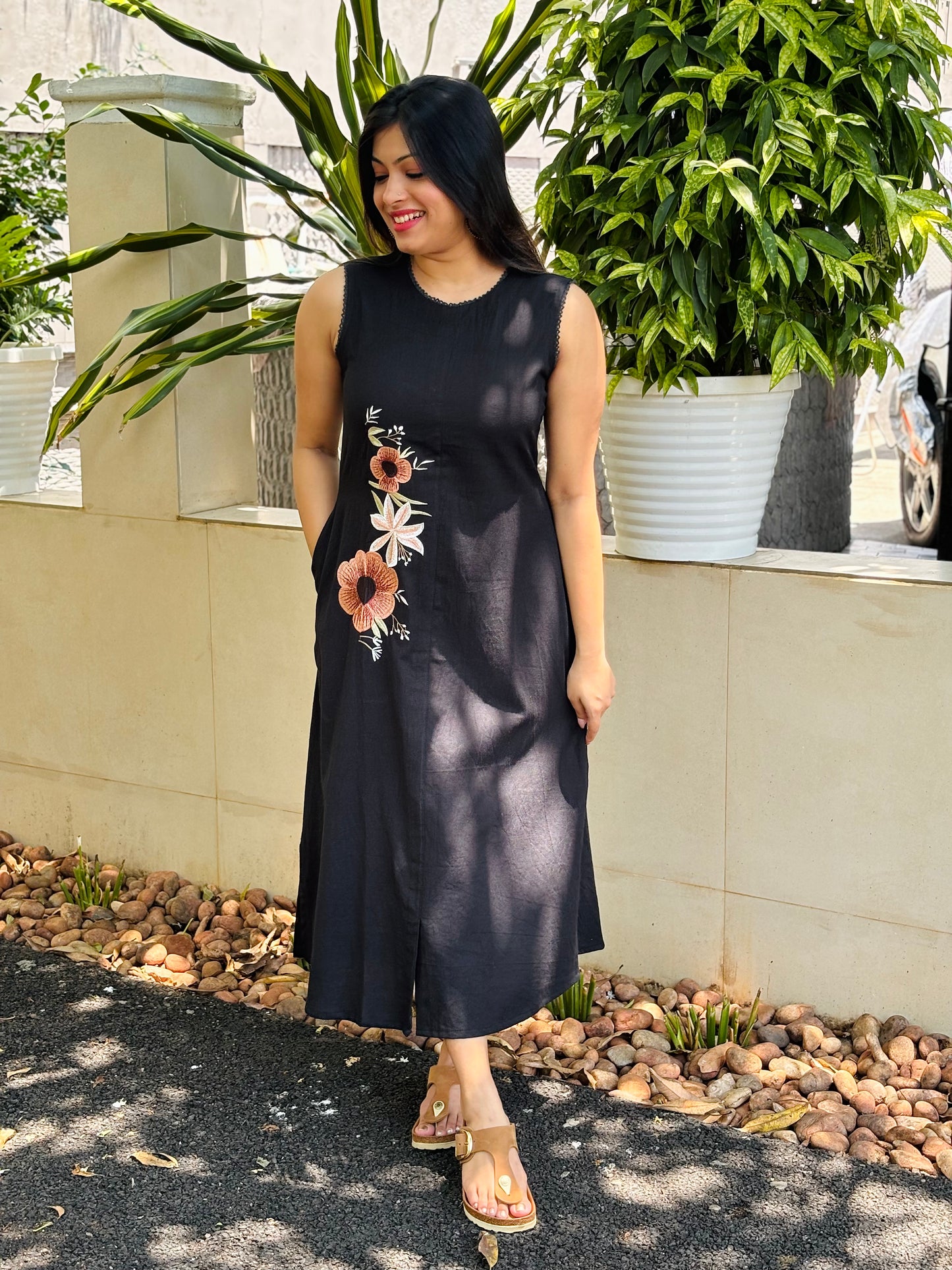 Black shaded flex cotton Aline kurti/dress with embroidered floral motifs MBS-940