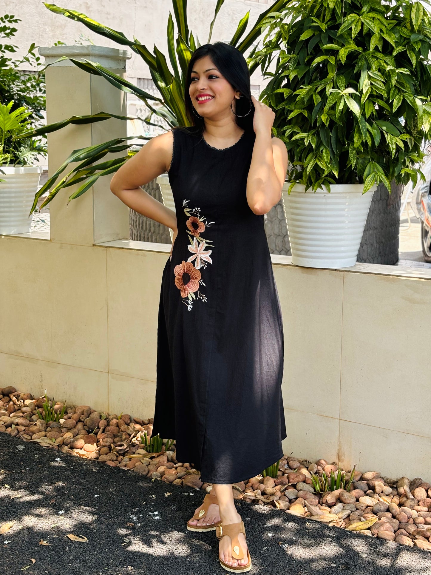 Black shaded flex cotton Aline kurti/dress with embroidered floral motifs MBS-940