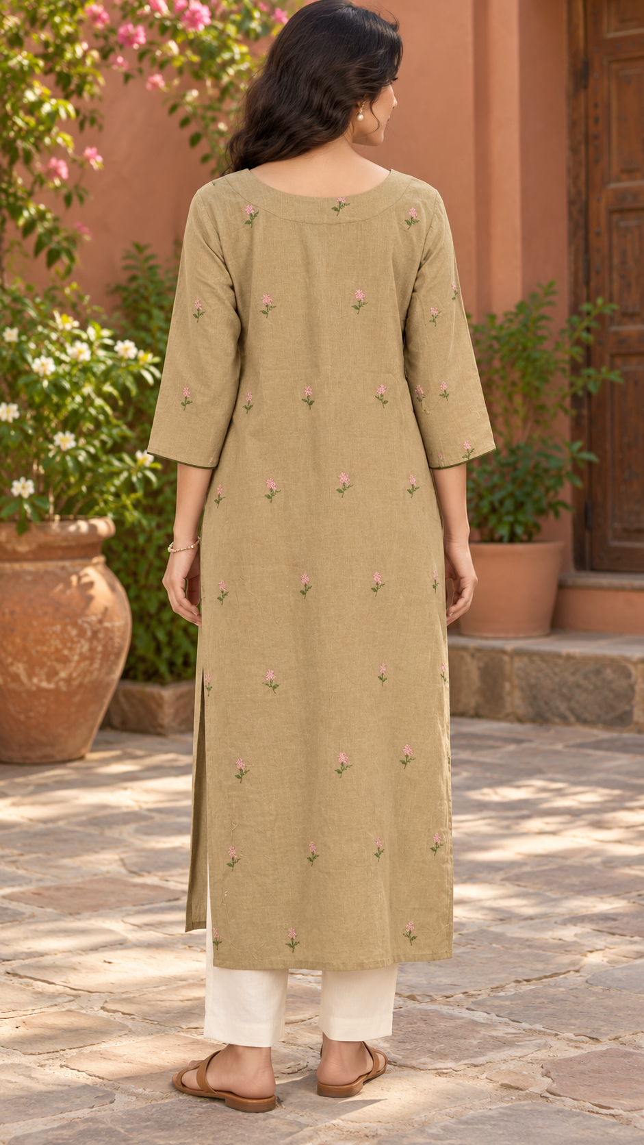 Beige flex cotton slitted kurti with all over floral embroidery MBS-1167 **last piece sale**