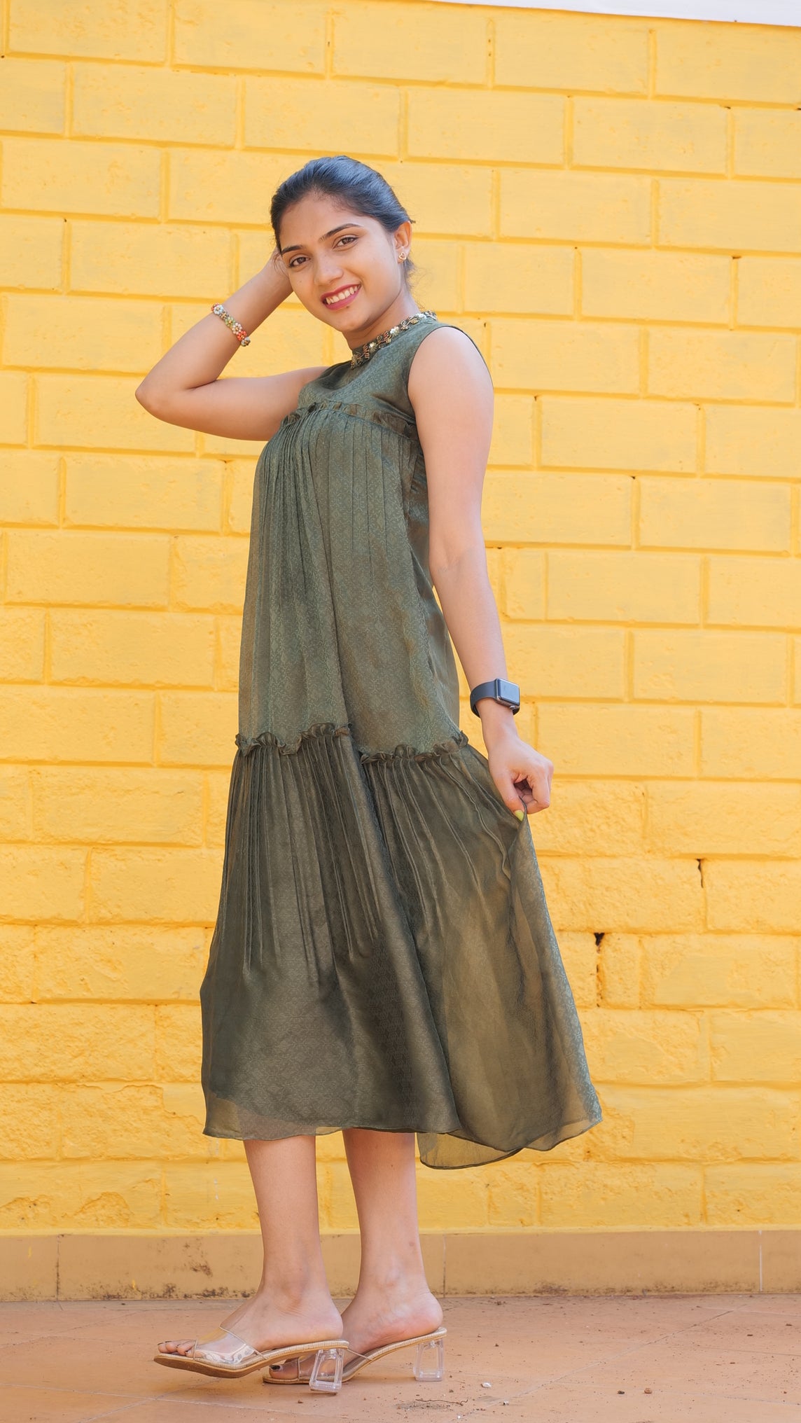 Mehndi green shaded silky georgette tiered kurti/dress with handworked collar neck MBS-284