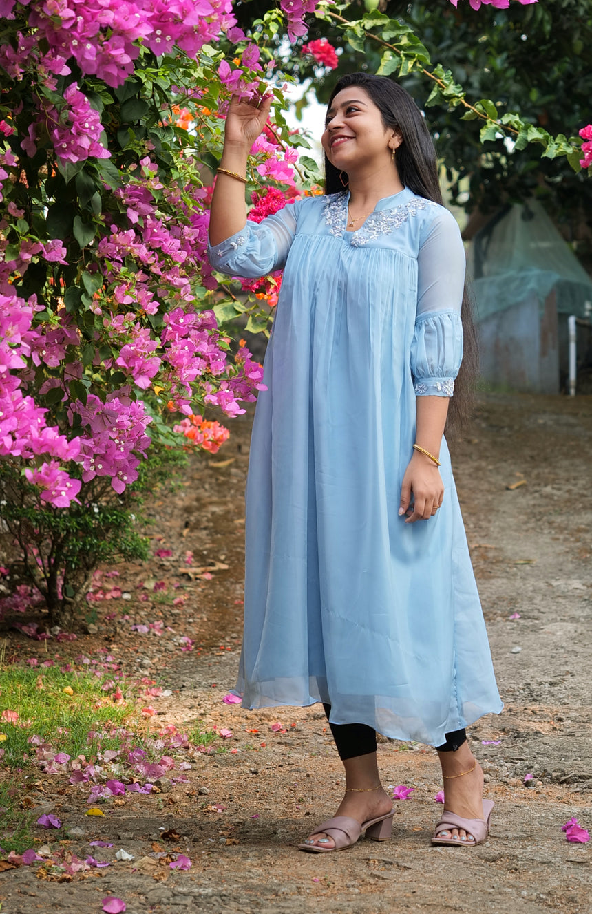 Pastel blue shaded soft organza kurti with hand work detailing on upper yoke and sleeves MBS-328