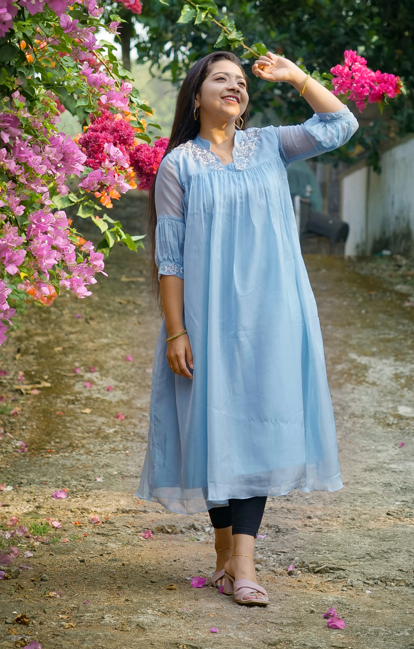 Pastel blue shaded soft organza kurti with hand work detailing on upper yoke and sleeves MBS-328