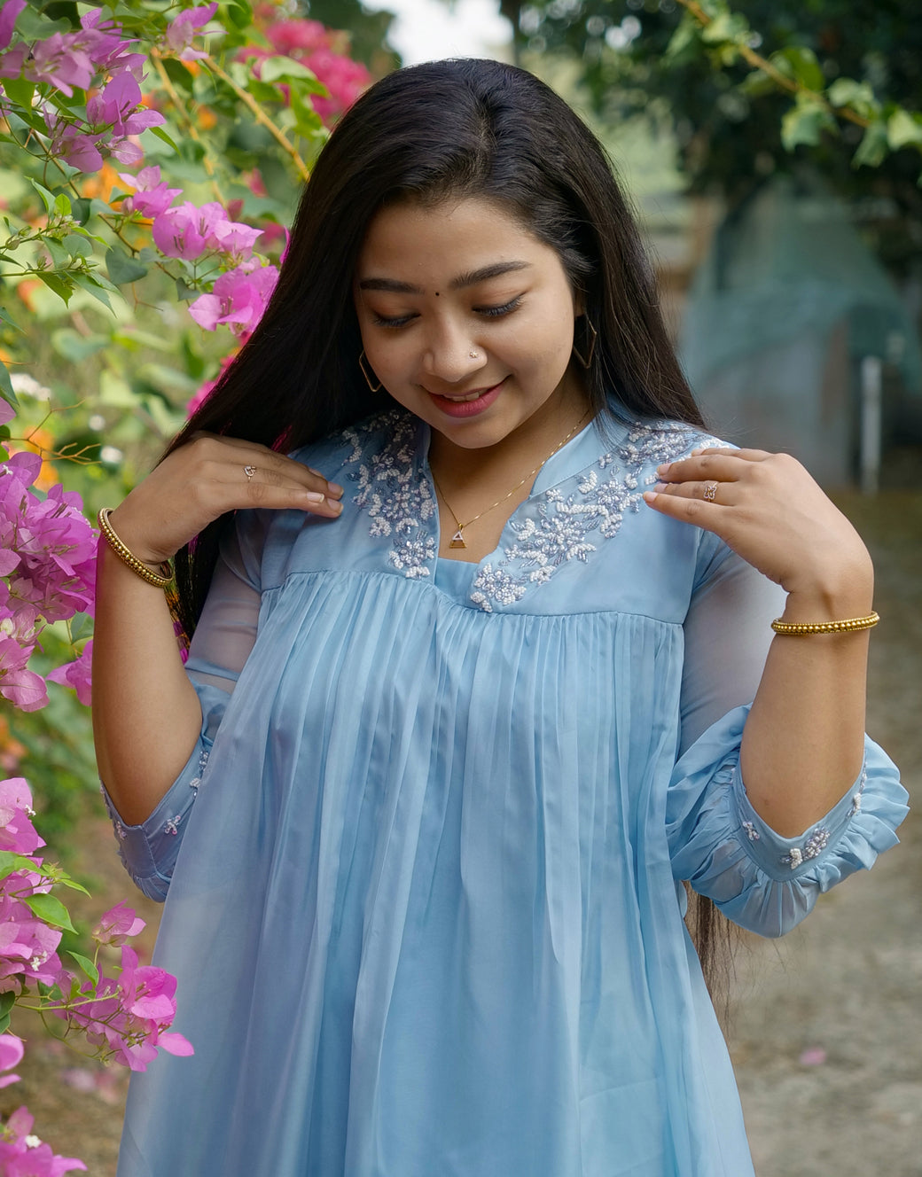 Pastel blue shaded soft organza kurti with hand work detailing on upper yoke and sleeves MBS-328