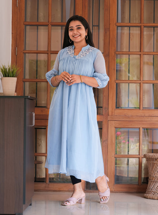 Pastel blue shaded soft organza kurti with hand work detailing on upper yoke and sleeves MBS-328