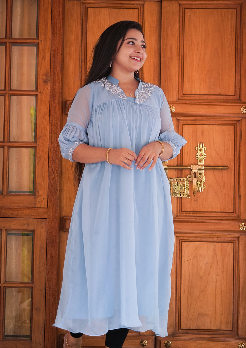 Pastel blue shaded soft organza kurti with hand work detailing on upper yoke and sleeves MBS-328