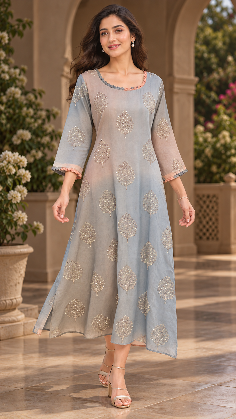 Pure Mul chanderi ombre shaded partywear Aline Kurti with frilled neck MBS-1361 **Ready to dispatch** **last piece sale**