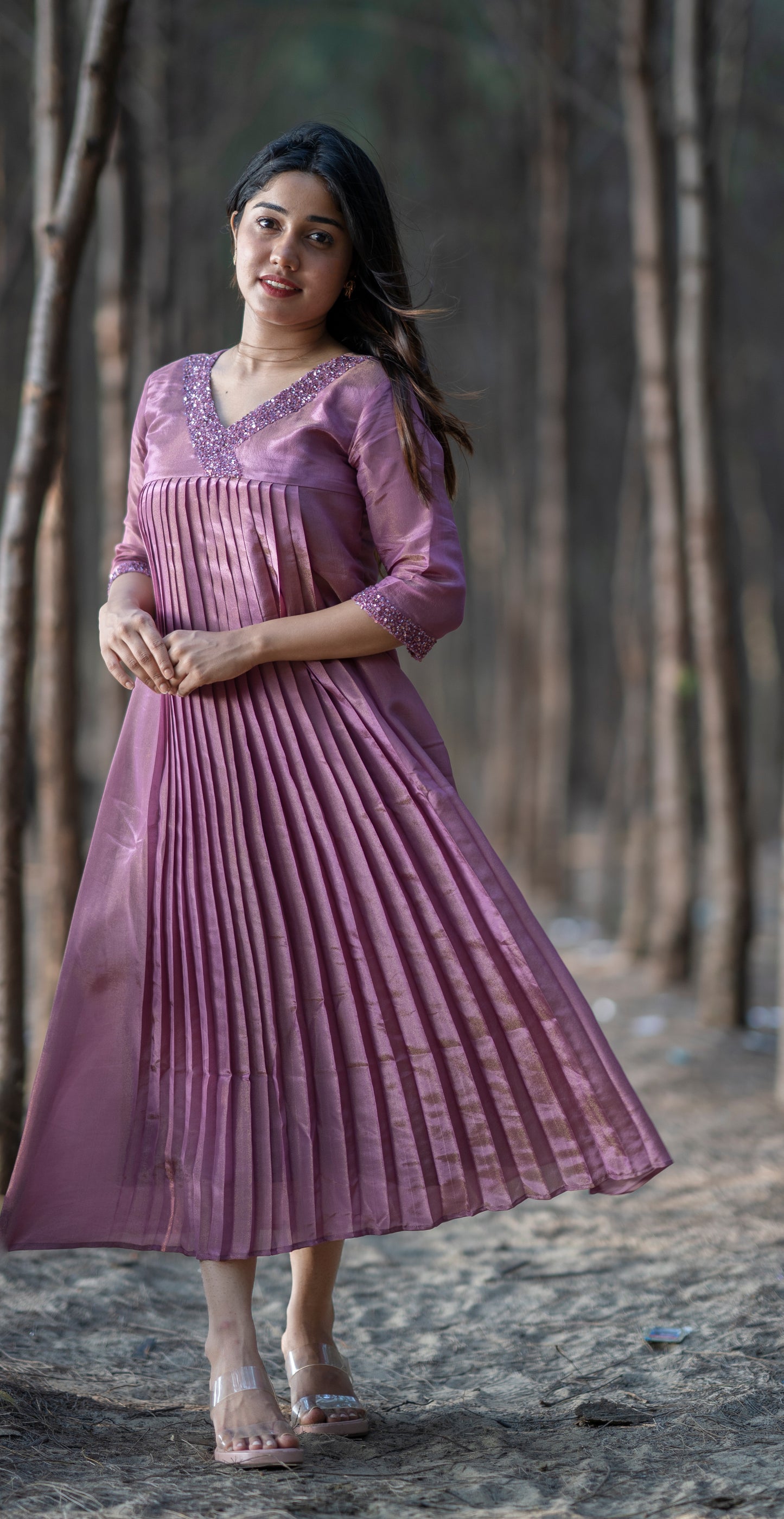 Mulberry pink handworked kurti in self golden threaded fabric MBS-367