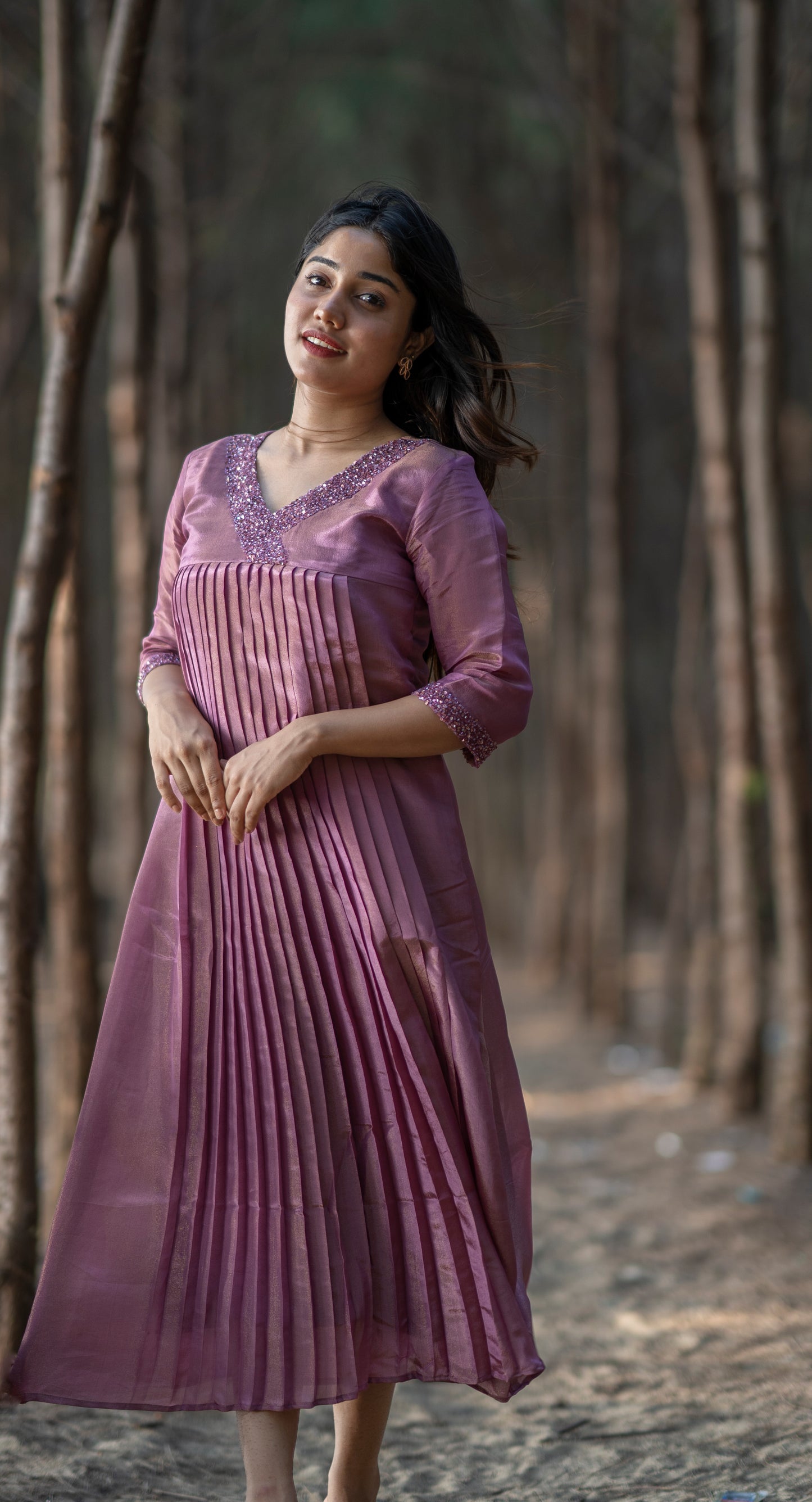 Mulberry pink handworked kurti in self golden threaded fabric MBS-367