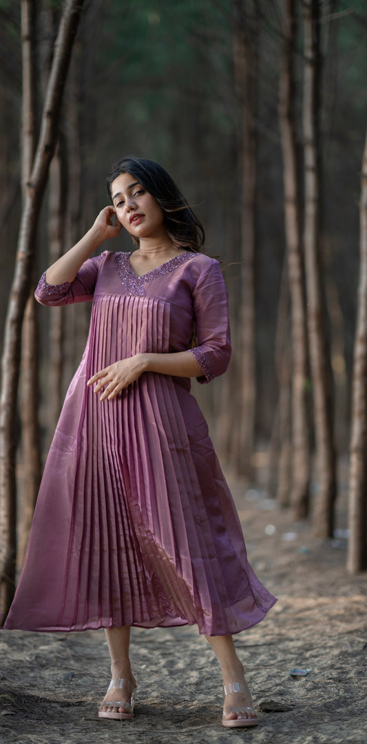 Mulberry pink handworked kurti in self golden threaded fabric MBS-367