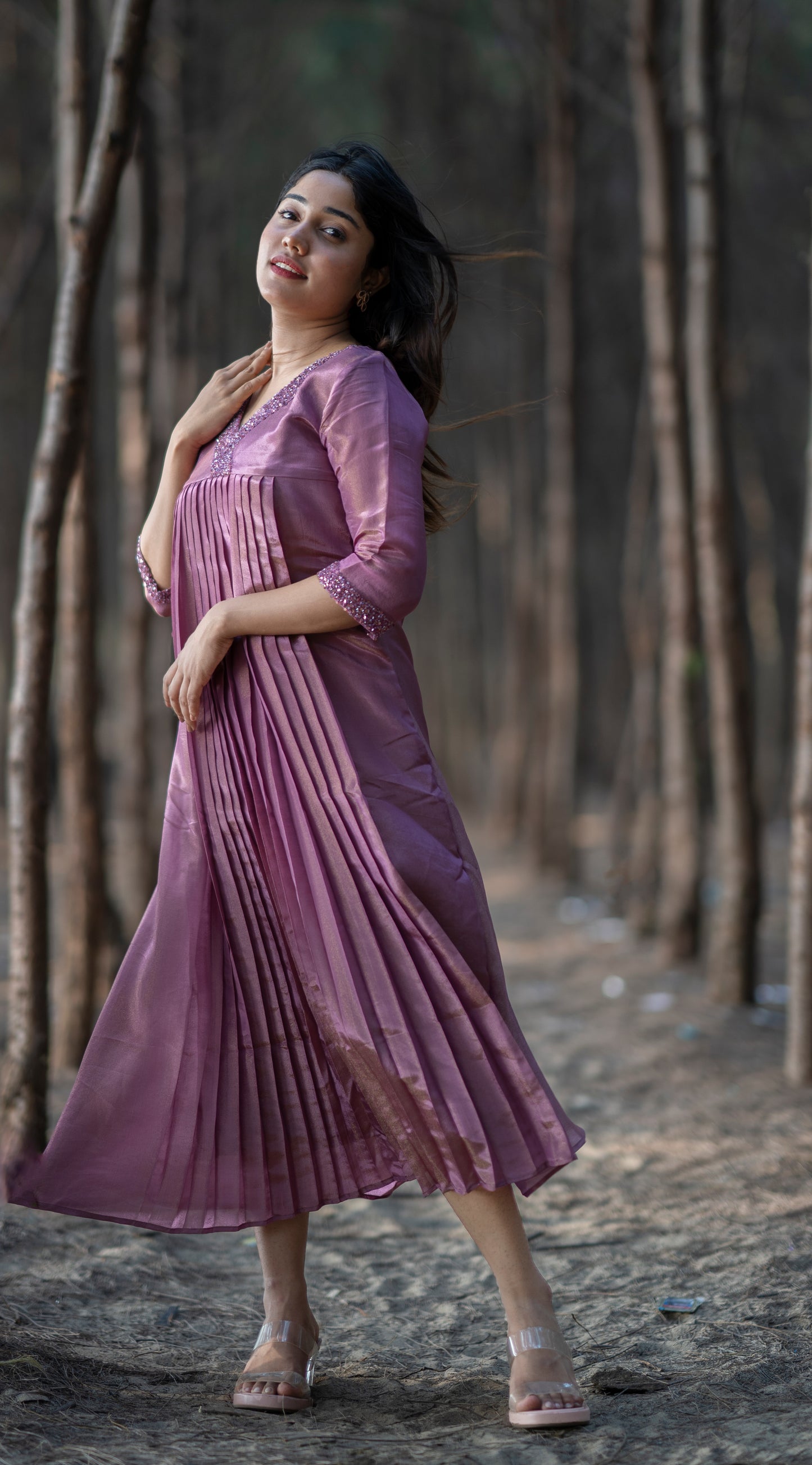 Mulberry pink handworked kurti in self golden threaded fabric MBS-367