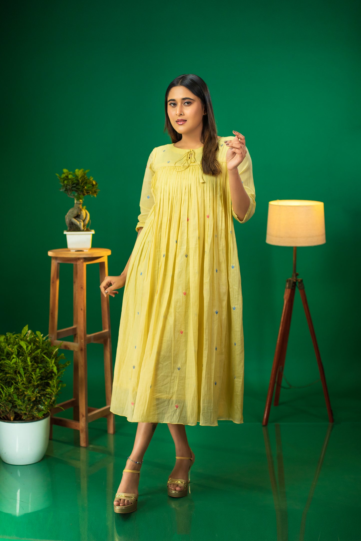 Yellow shaded pure soft mul cotton dress/kurti with multi colour thread embroidery and crochet lace detailings MBS-312