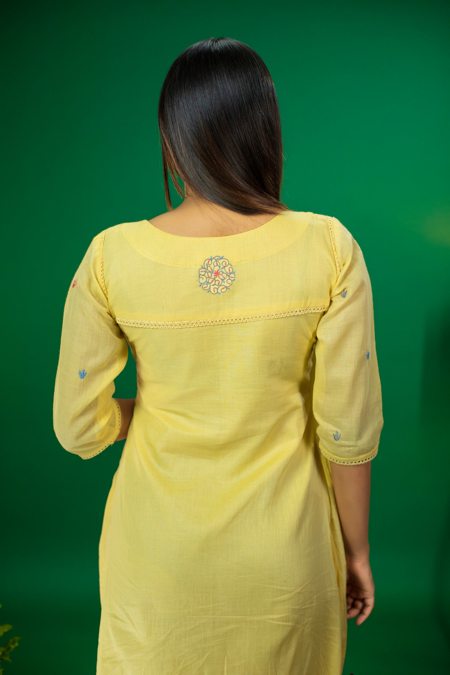 Yellow shaded pure soft mul cotton dress/kurti with multi colour thread embroidery and crochet lace detailings MBS-312