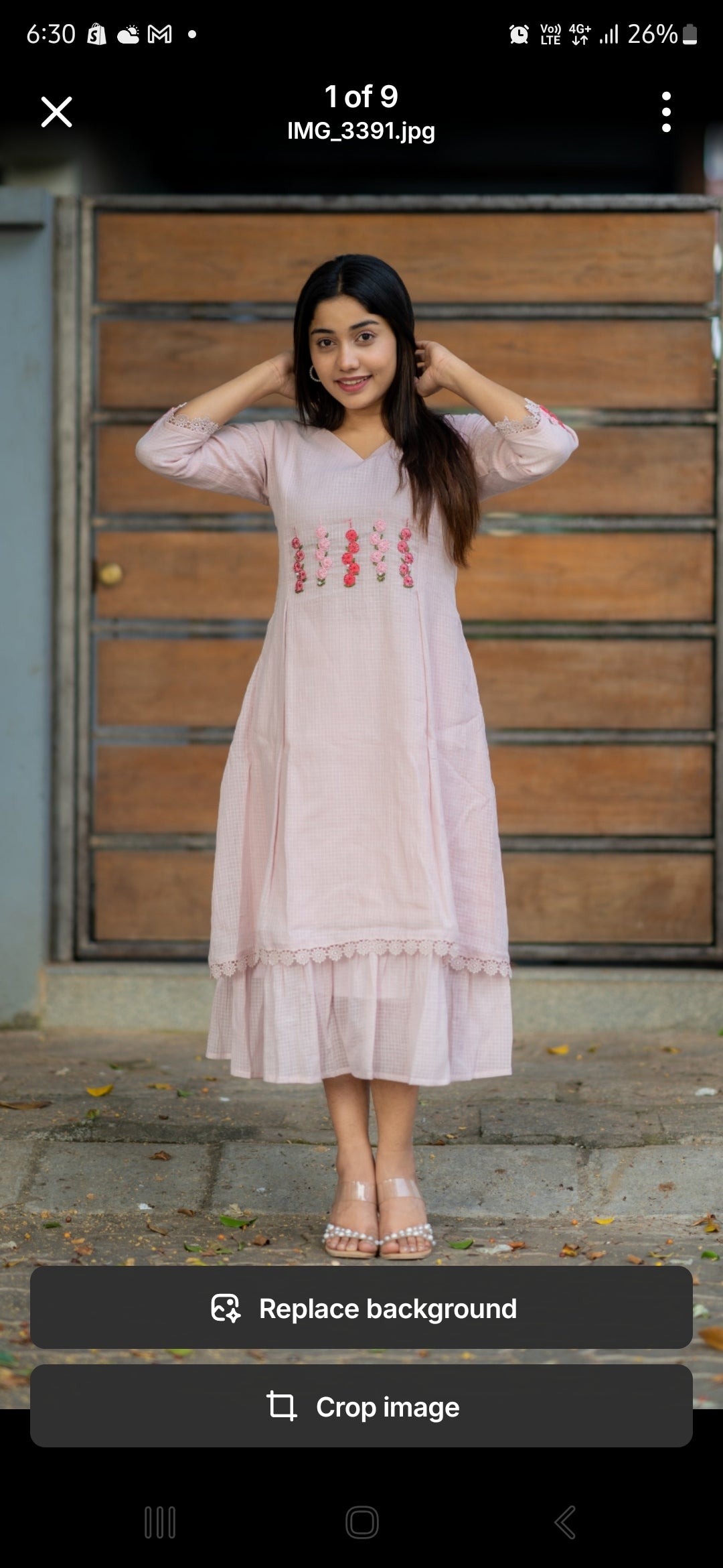 Pastel pink shaded soft kota checks kurti/dress with floral thread worked yoke MBS-532