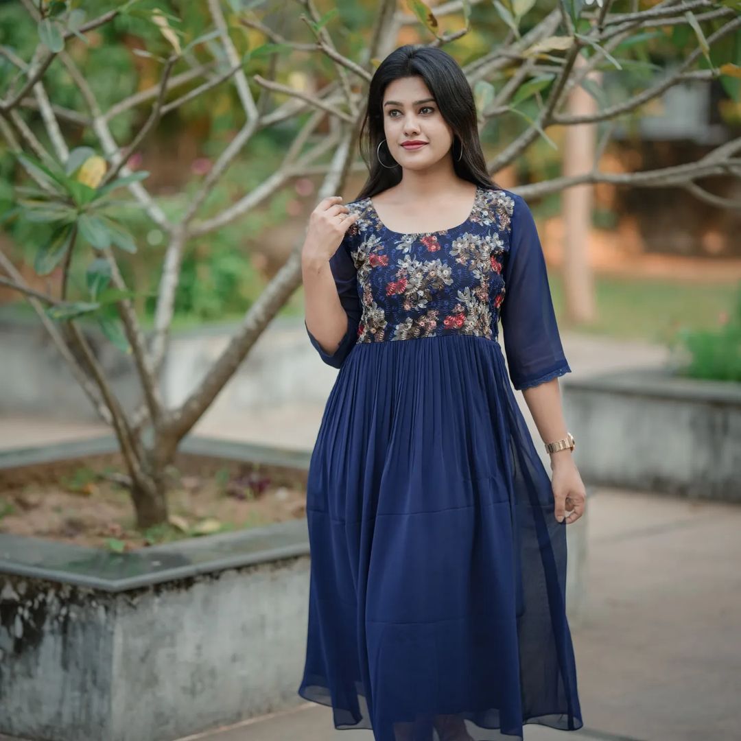 Navy blue georgette A-line pleated kurti with thread embroidered yoke