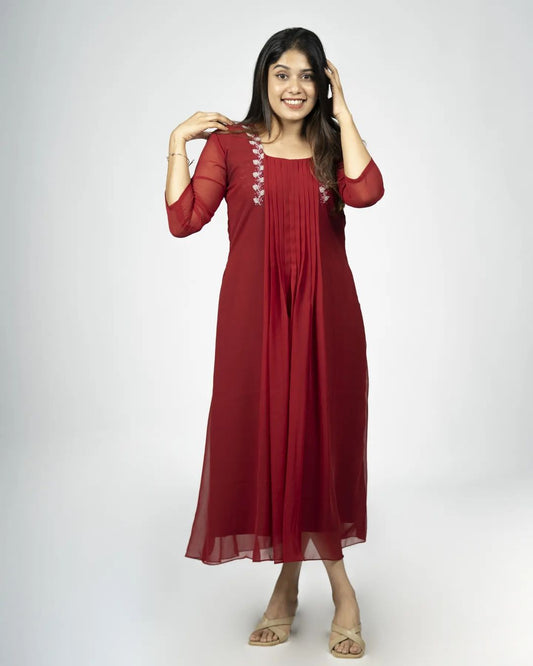 Maroon shaded georgette aline kurti with hand work and pleats MBS R-143 **ready to dispatch**