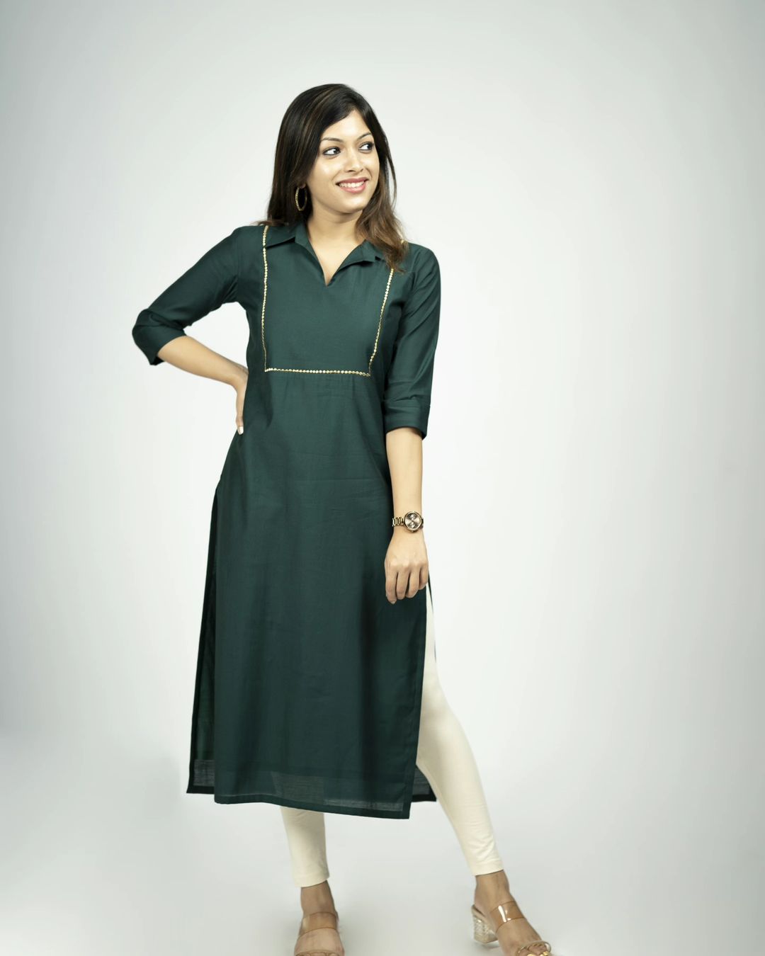 Bottle green shaded club cottan kurti highlight with collar and handwork MBS-R173**Ready to dispatch**