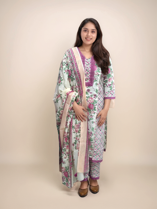 Multi shaded floral printed cotton kurti with bottom and dupatta MBS-444  * Ready to Dispatch*