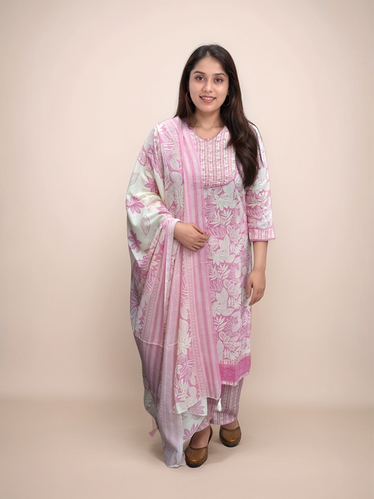 Tropical printed pink cotton kurti with bottom and dupatta MBS-442  * Ready to Dispatch*