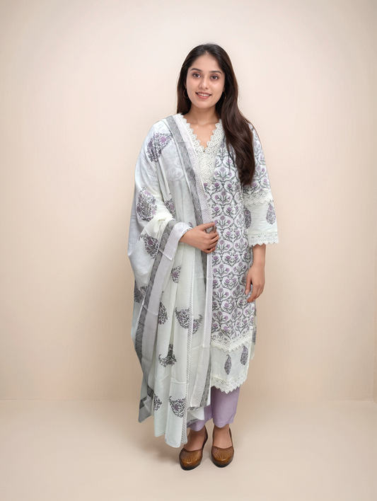 Lavender floral printed pure cotton kurti with bottom and dupatta  MBS-441  * Ready to Dispatch*