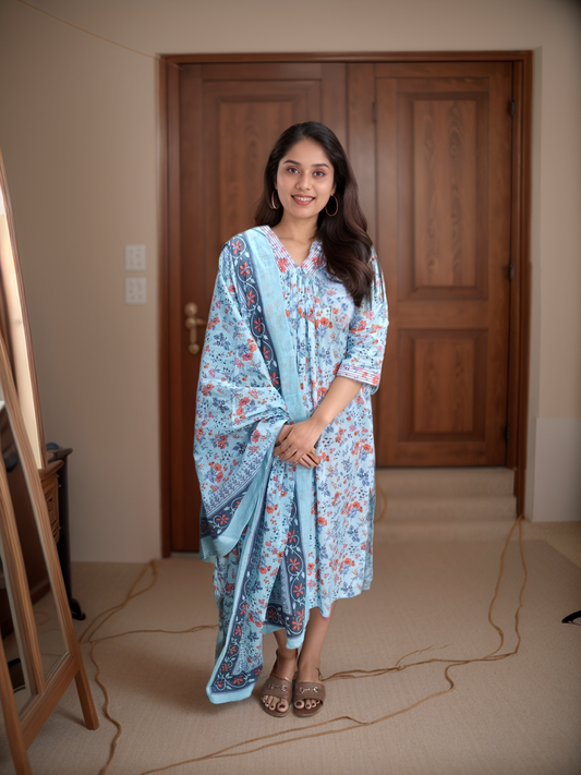 Blue shaded floral printed pure soft cotton kurti with soft cotton dupatta MBS-448 *Ready To Dispatch*