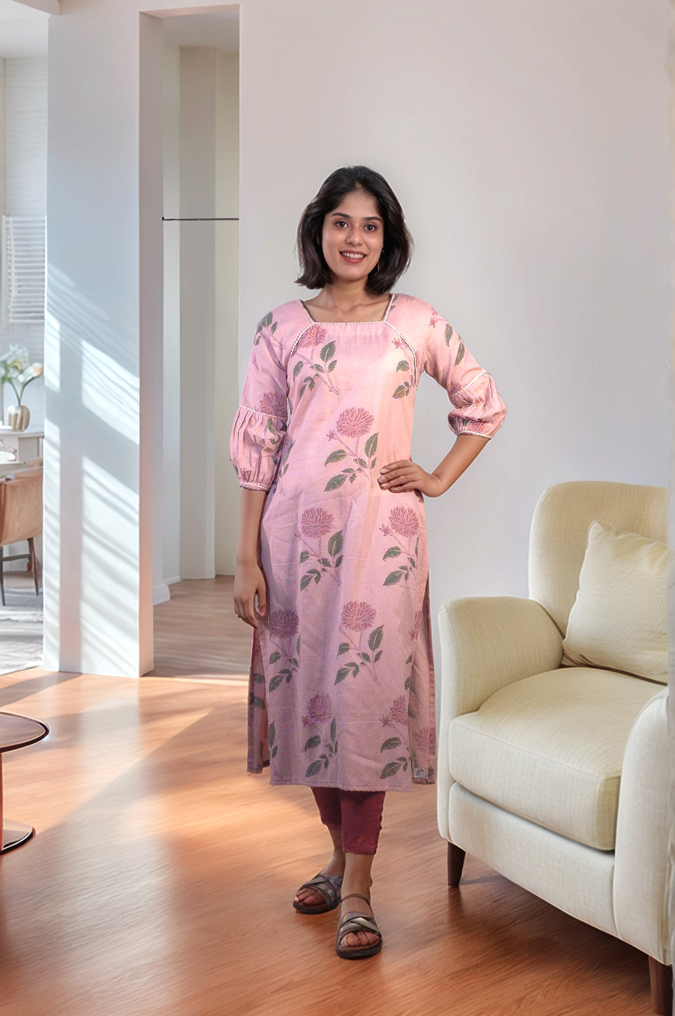 Pastel pink floral printed cotton flex kurti with pleated sleeves and lace detailings MBS-493 ** ready to dispatch **