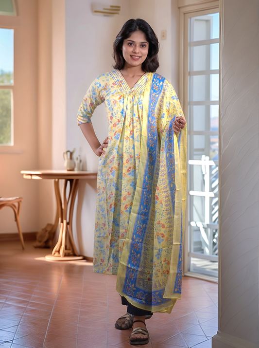 Yellow shaded floral printed pure soft cotton kurti with soft cotton dupatta MBS-447 *Ready To Dispatch*