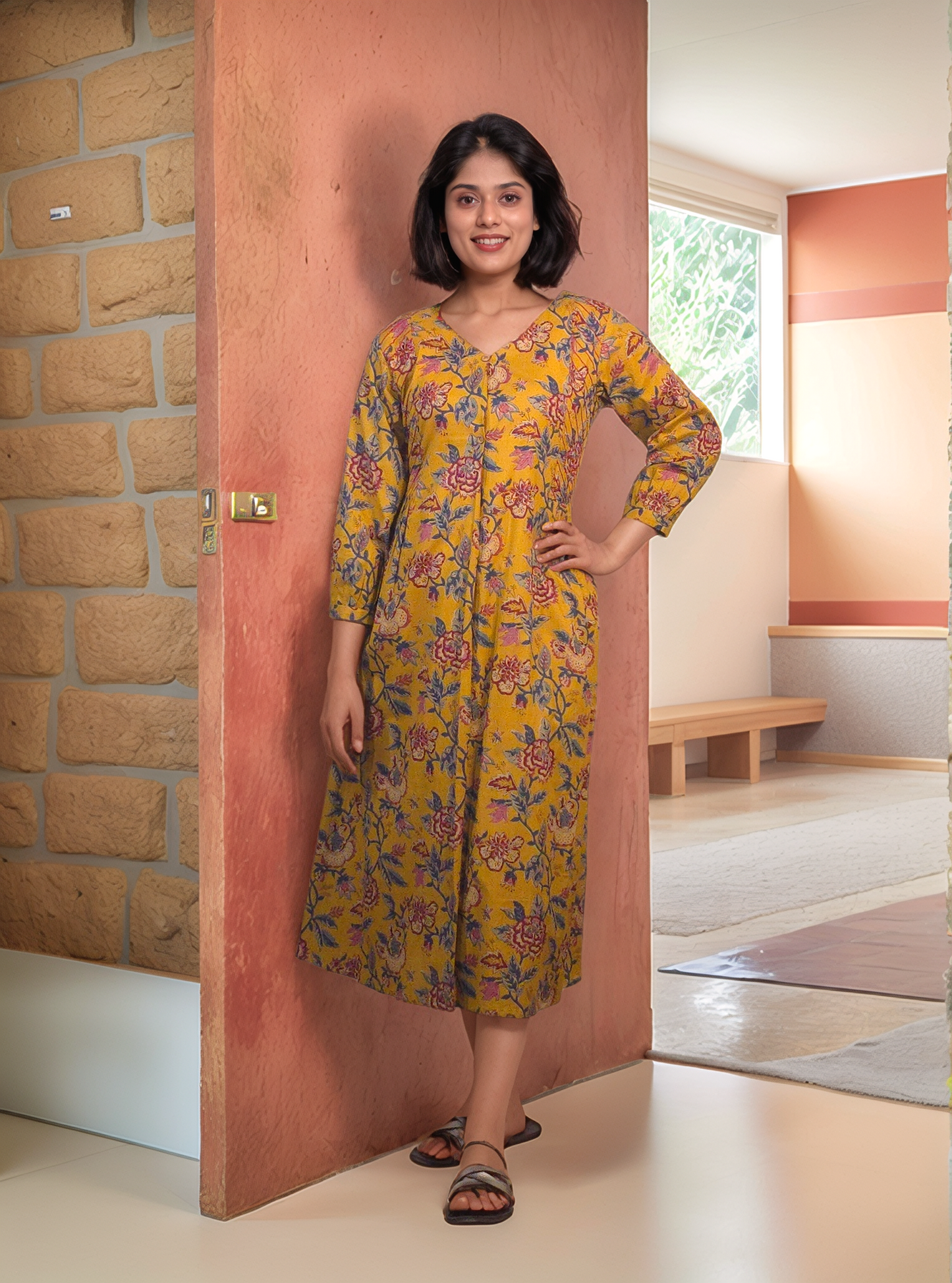 Mustard yellow shaded floral printed cotton kurti with anchor thread detailings MBS-504 **ready yo dispatch**