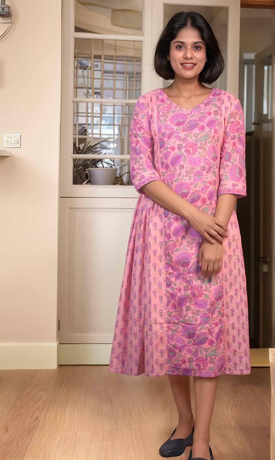 Tropical printed middle panel cotton kurti with side gathers in pink shade MBS-510 **ready to dispatch**