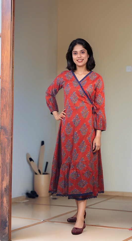 Meroon shaded floral printed cotton kurti/dress with overlapped neck MBS-509 **ready to dispatch**