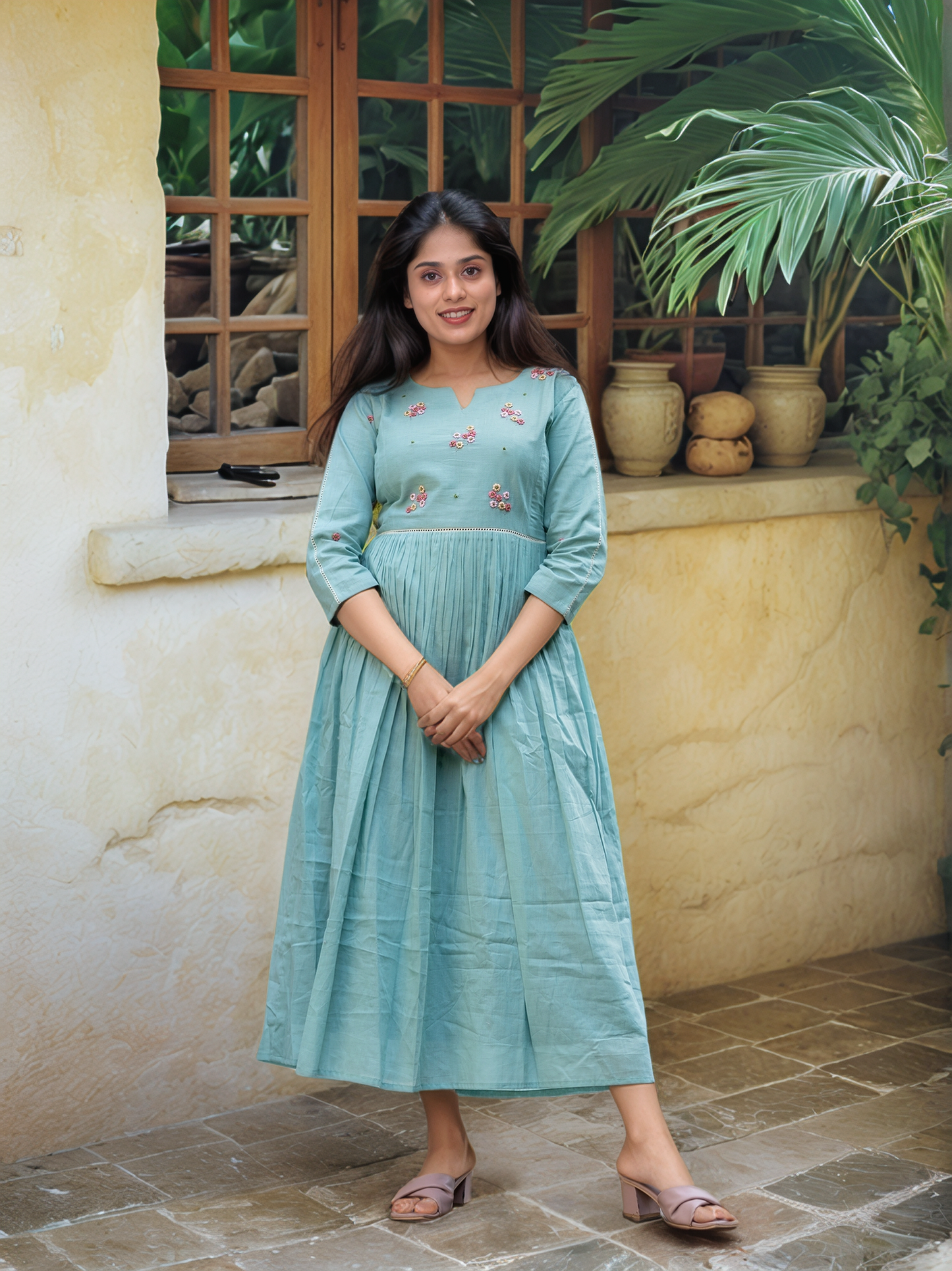 Seafoam shaded pure mul cotton kurti/dress with thread worked embroidery on yoke MBS-502