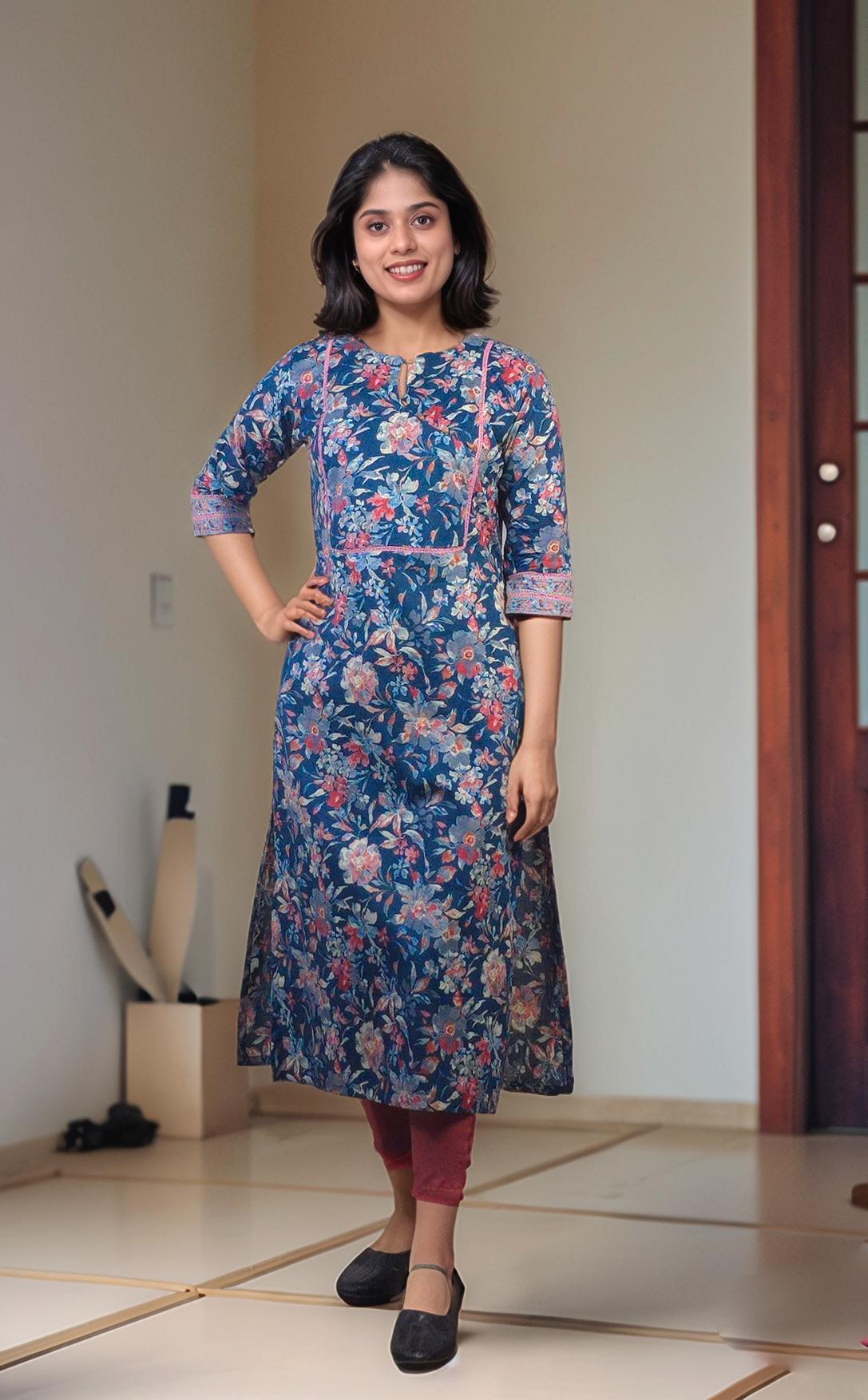 Blue floral printed cambric cotton kurti with lace detailings on yoke and sleeve end MBS-521 **ready to dispatch**