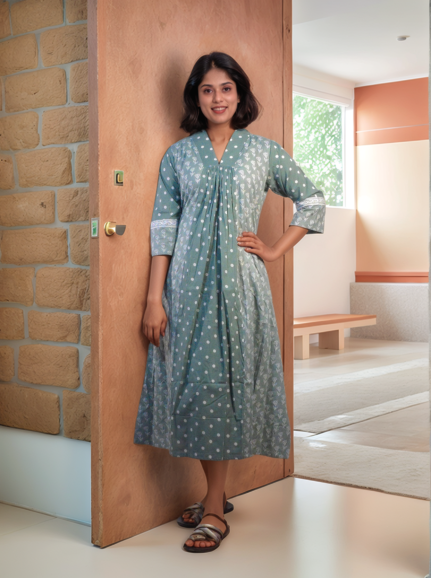 Floral printed pure cotton Aline kurti with polka dotted middle panel with gathers in pastel green shade MBS-522 **ready to dispatch**