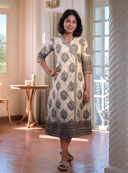 Pure cambric cotton floral printed kurti with v neck highlighted with wooden buttons MBS-523 **ready to dispatch**