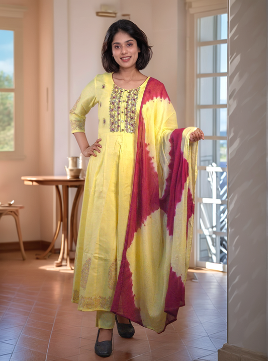 Yellow panel cut cotton anarkali paired with bottom and dupatta MBS-525 **ready to dispatch**