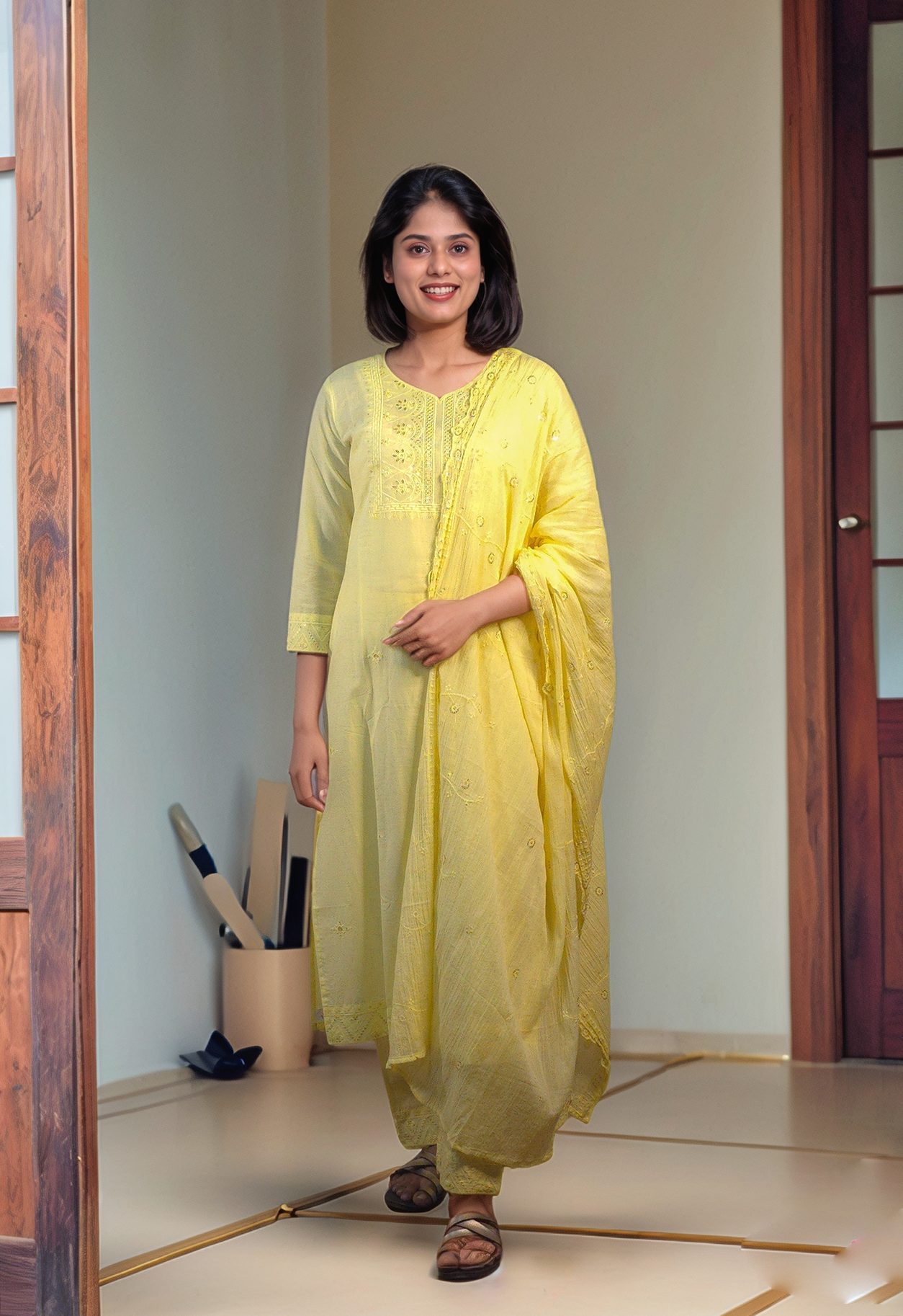 Yellow cotton straight cut kurti with top and dupatta MBS-526 **ready to dispatch**