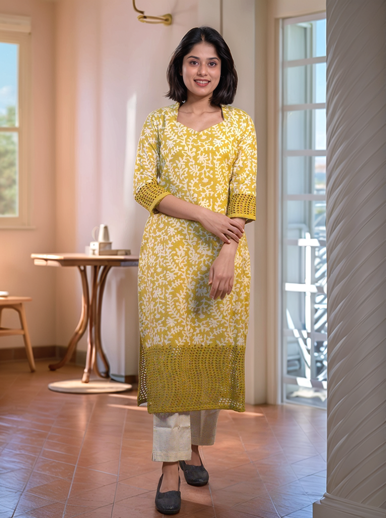 Block printed cotton kurti with cutworked hemline and sleeve end in  pale mustard yellow shade MBS-528 **ready to dispatch**