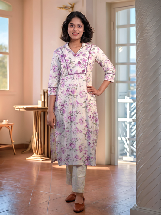 Lavender floral printed cotton flex kurti with collar neck MBS-529 **ready to dispatch**