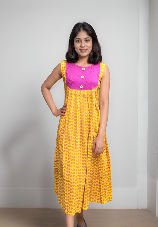 Yellow shaded floral printed cotton A-line dress/kurti with hacoba yoke MBS-600 ***Ready to dispatch***