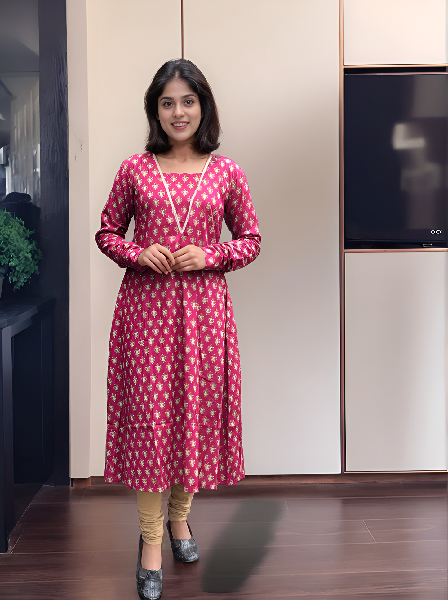 Burgundy shaded floral printed cotton A-line kurti with lace detailing MBS-601 ***Ready to dispatch***