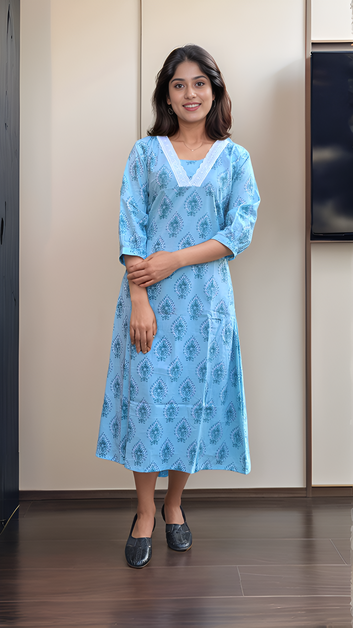 Pastel aqua green shaded floral printed cotton A-line kurti with lace detailing MBS-605 ***Ready to dispatch***
